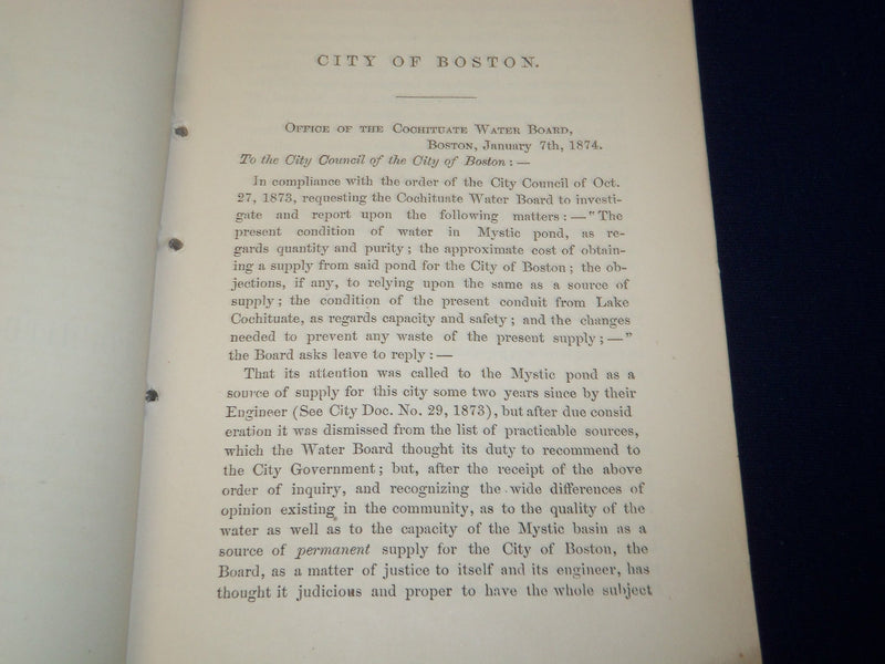 1874 REPORT OF THE COCHITUATE WATER BOARD - BOSTONIA - J 4578