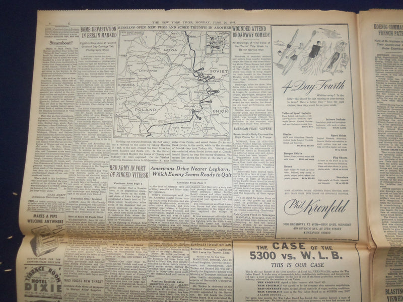 1944 JUNE 26 NEW YORK TIMES -AMERICANS IN CHERBOURG, FIGHT WAY TO DOCKS- NP 6578