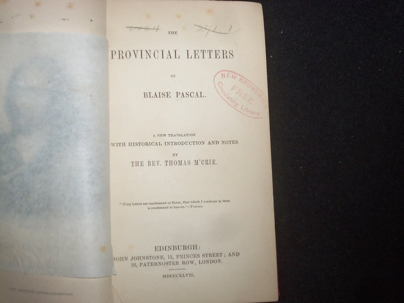 1847 PROVINCIAL LETTERS HARDCOVER BOOK BY BLAISE PASCAL - KD 9271