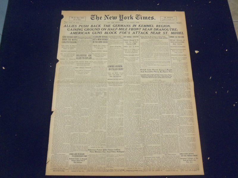 1918 MAY 6 NEW YORK TIMES - ALLIES PUSH GERMANS IN KEMMEL REGION - NT 8173