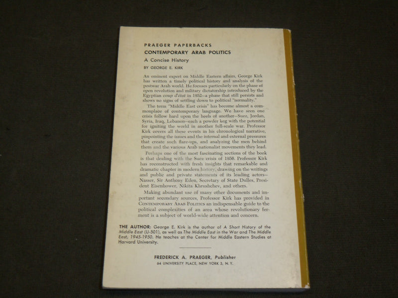1961 CONTEMPORARY ARAB POLITICS SOFTCOVER BOOK BY GEORGE KIRK - KD 6281