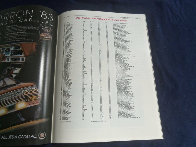 1982 NOVEMBER 6 FOOTBALL PROGRAM - TEMPLE UNIV VS WEST VIRGINIA UNIV - SP 1218L