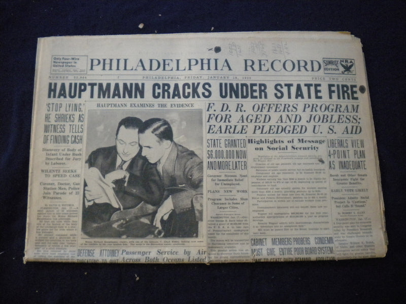 1935 JAN 18 PHILADELPHIA RECORD NEWSPAPER - HAUPTMANN CRACKS UNDER FIRE- NP 6011