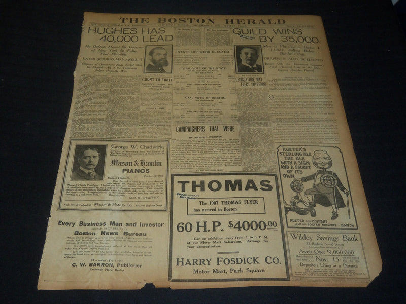 1906 NOVEMBER 7 THE BOSTON HERALD - GUILD WINS - HUGHES HAS LEAD - BH 138