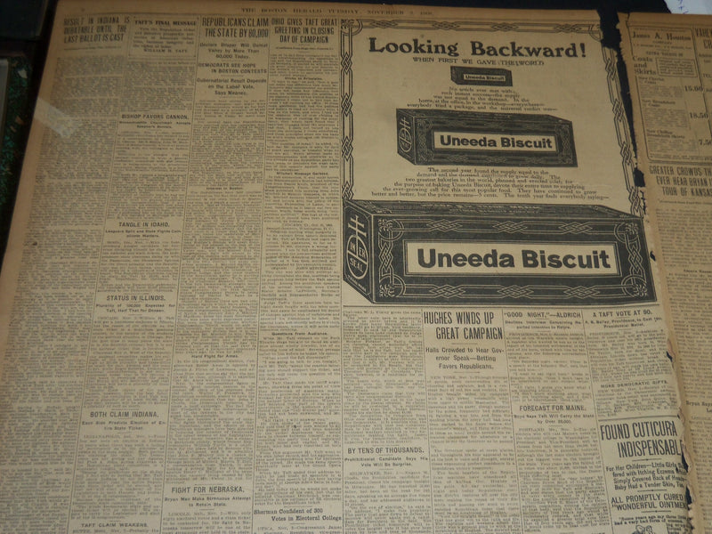1908 NOV 3 THE BOSTON HERALD - INDICATIONS POINT TO TAFT WITH 304 VOTES - BH 240