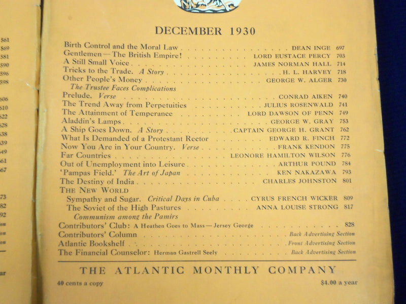 1930 THE ATLANTIC MONTHLY MAGAZINE LOT OF 12 COMPLETE YEAR - GREAT ADS - WR 531