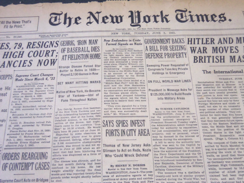 1941 JUNE 3 NEW YORK TIMES - GEHRIG IRON MAN OF BASEBALL DIES - NT 6188