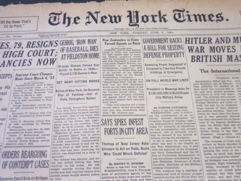 1941 JUNE 3 NEW YORK TIMES - GEHRIG IRON MAN OF BASEBALL DIES - NT 6188
