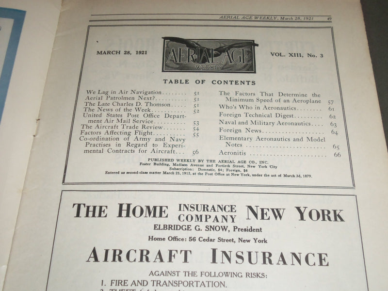 1921 MARCH 28 AERIAL AGE MAGAZINE - WE LAG IN AIR NAVIGATION - SP 8412
