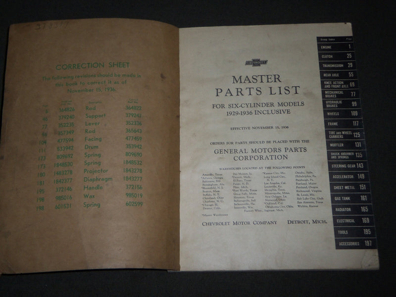 1936 CHASSIS PARTS LIST FOR SIX-CYLINDER MODELS BOOK - KD 4760