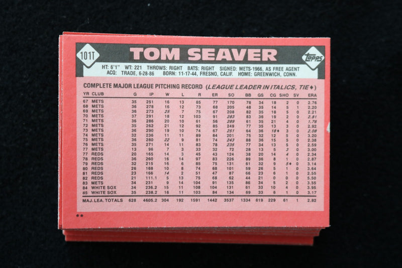 TOM SEAVER 1986 TOPPS BASEBALL CARDS - CARD #101T - NM-MT - LOT OF 50 - #222