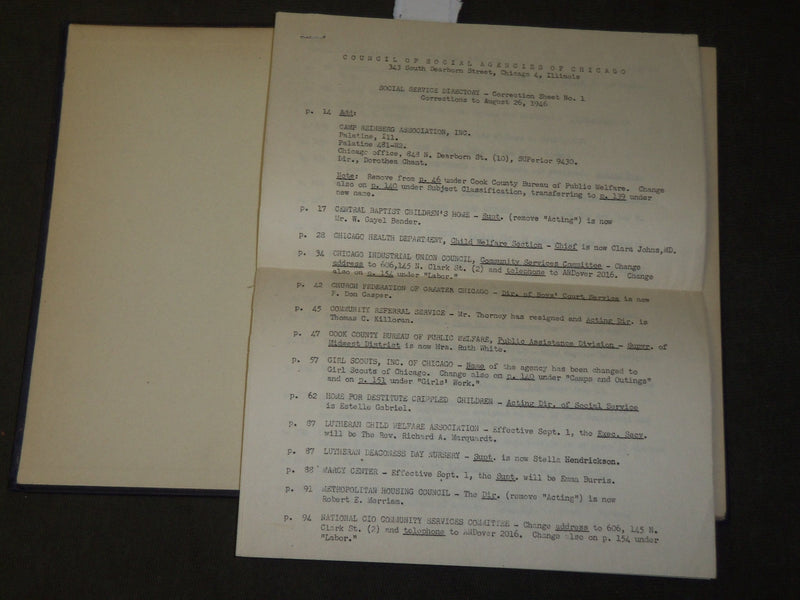 1946 CHICAGO SOCIAL SERVICE DIRECTORY BOOK - COUNCIL OF SOCIAL AGENCIES- KD 5193
