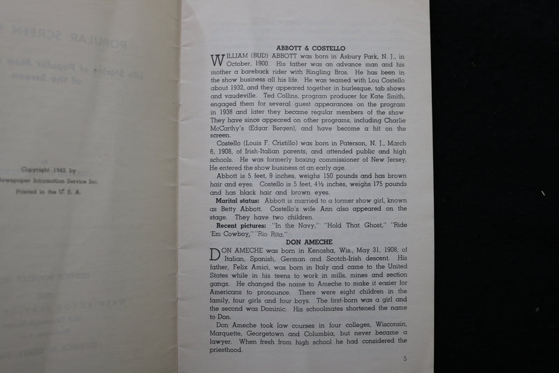 1942 POPULAR SCREEN STARS SOFTCOVER BOOK BY CHARLES E. DONALDSON - K 2212