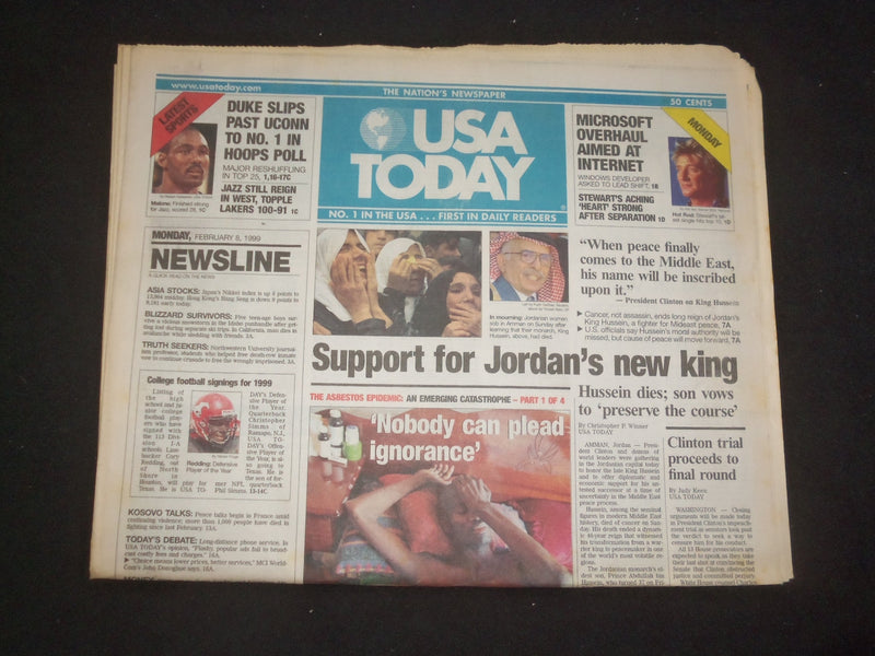 1999 FEBRUARY 8 USA TODAY NEWSPAPER - SUPPORT FOR JORDAN'S NEW KING - NP 7999