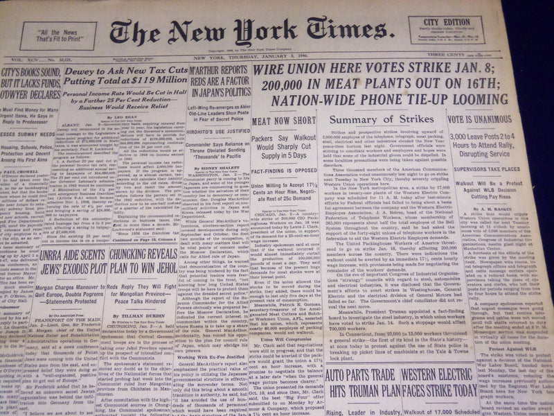 1946 JANUARY 3 NEW YORK TIMES - WIRE UNION TO STRIKE - NT 3160