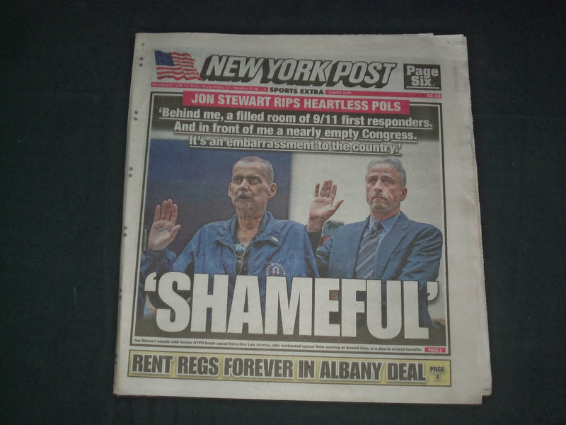 2019 JUNE 12 NEW YORK POST NEWSPAPER - JON STEWART WITH 9/11 VICTIM LUIS ALVAREZ