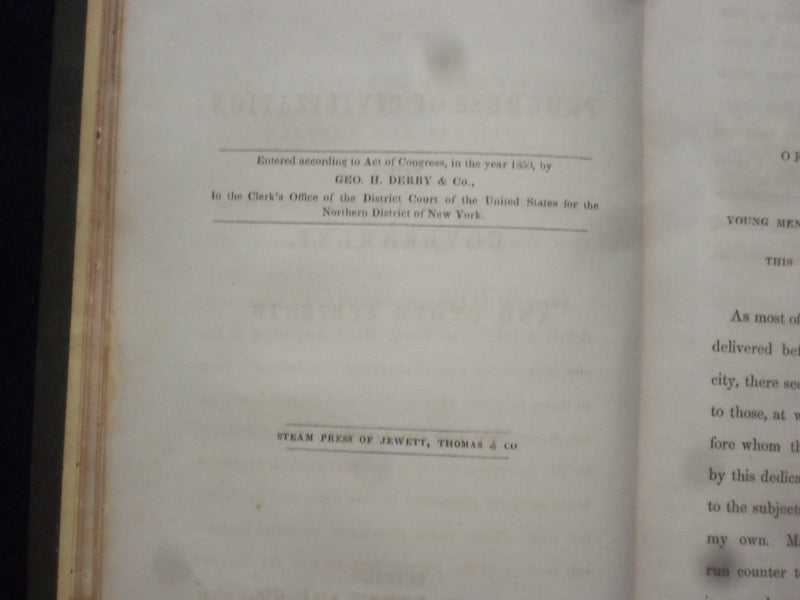 1851 LECTURES ON THE PROGRESS OF CIVILIZATION HARDCOVER BOOK -JOHN LORD- KD 8447
