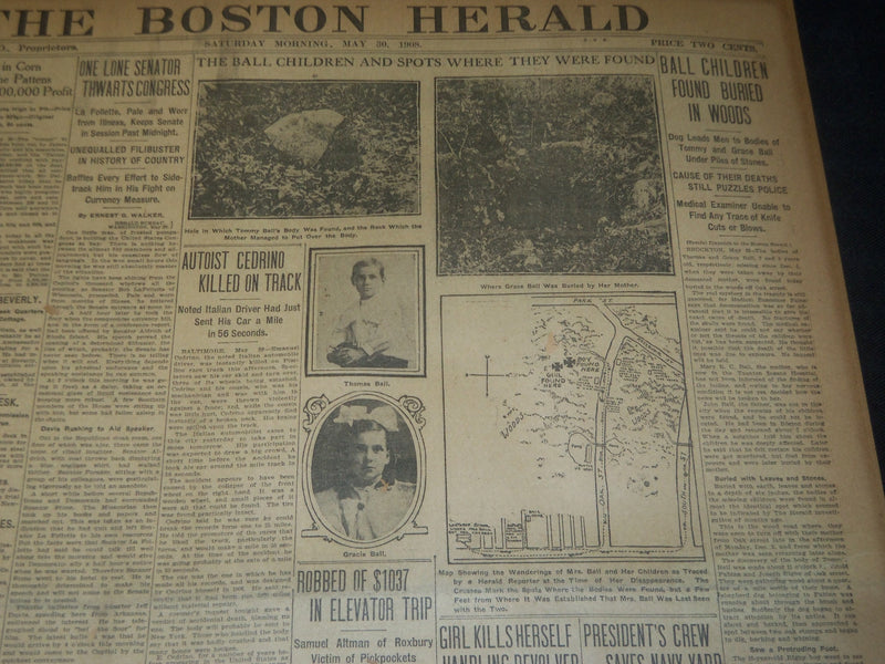 1908 MAY 30 THE BOSTON HERALD - BALL CHILDREN FOUND IN WOODS - BH 77