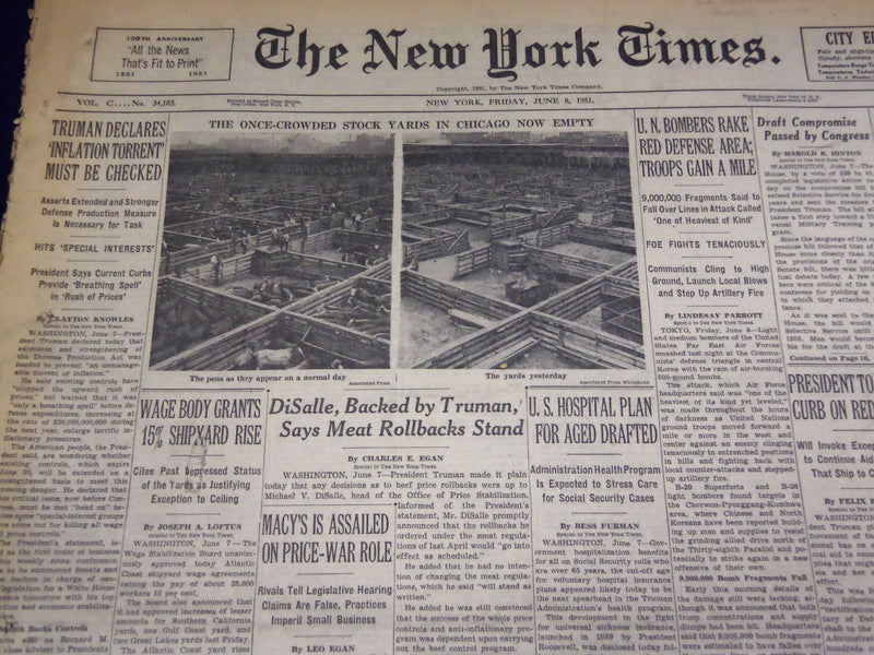 1951 JUNE 8 NEW YORK TIMES - CHICAGO STOCKYARDS NOW EMPTY - NT 2273