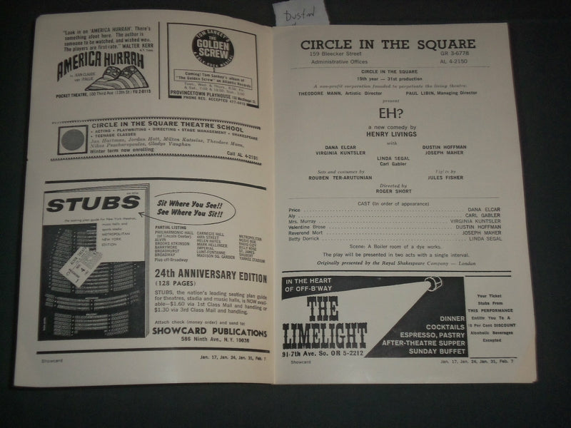 1967 EH? CIRCLE IN THE SQUARE SHOWCARD PROGRAM - DUSTIN HOFFMAN - J 3955