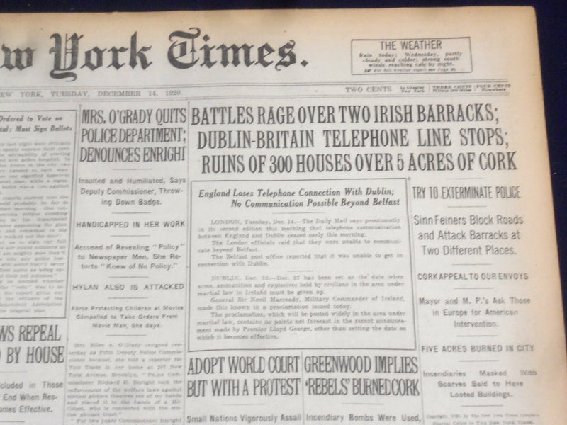 1920 DECEMBER 14 NEW YORK TIMES - BATTLES RAGE OVER IRISH BARRACKS - NT 8484