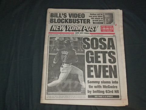 1998 SEPTEMBER 17 NEW YORK POST NEWSPAPER - SAMMY SOSA HITS HR 63 - NP 4130