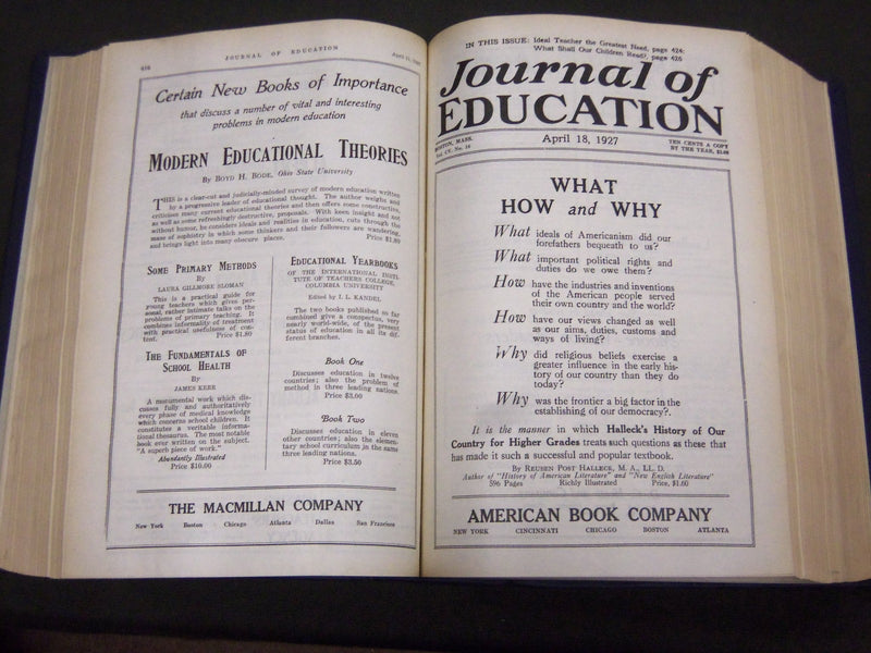 1927 JANUARY-DECEMBER JOURNAL OF EDUCATION BOUND VOLUME - COMPLETE YEAR - R 929