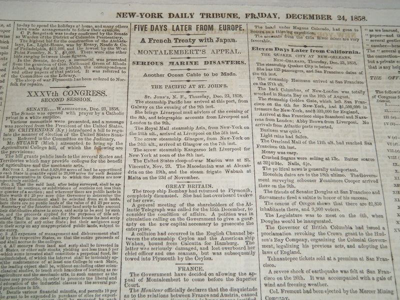 1858 DECEMBER 24 & 30 NEW YORK TRIBUNE NEWSPAPER LOT OF 2 - NP 4171