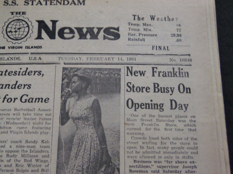 1961 FEBRUARY 14 THE DAILY NEWS OF THE VIRGIN ISLANDS LOT OF 2 - NP 1868H