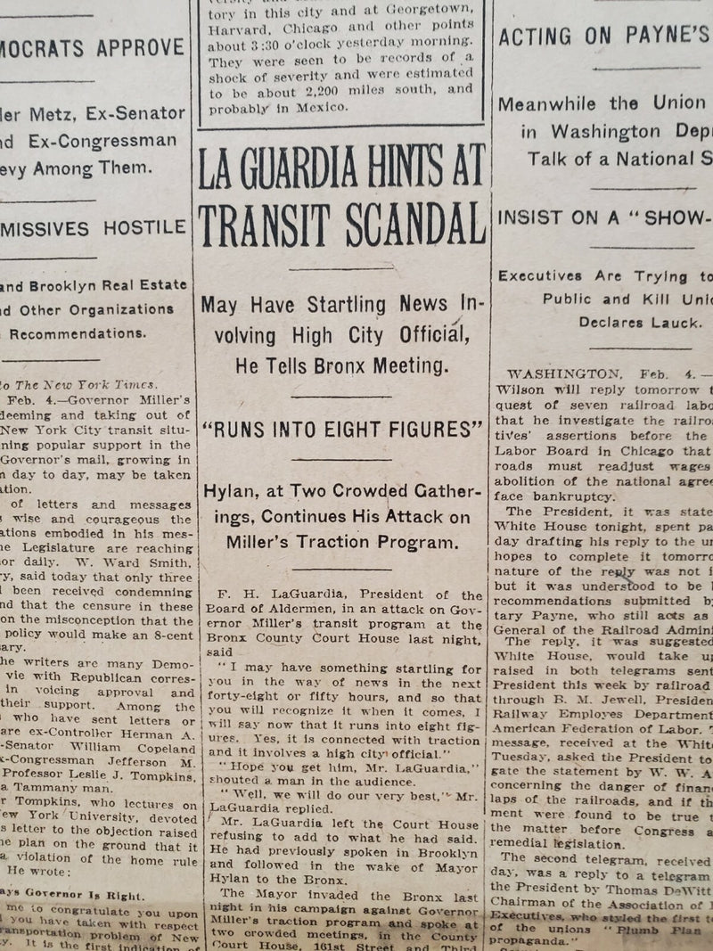 1921 FEBRUARY 5 NEW YORK TIMES - LAGUARDIA HINTS AT TRANSIT SCANDAL - NT 8114