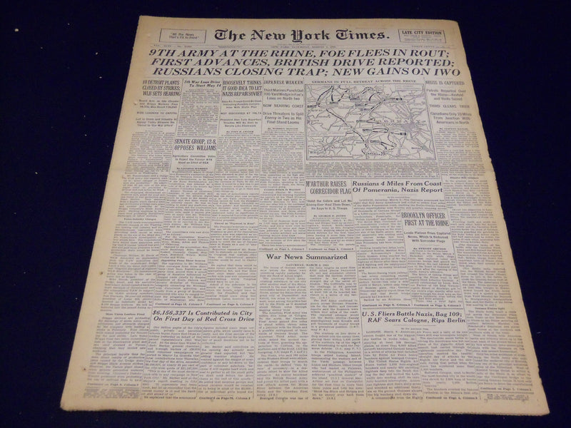 1945 MAR 3 NEW YORK TIMES - 9TH ARMY AT THE RHINE, FOE FLEES IN ROUT - NT 549