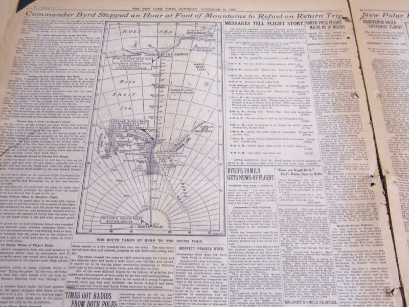 1929 NOV 30 NEW YORK TIMES - BYRD SAFELY FLIES TO SOUTH POLE & BACK - NT 6909