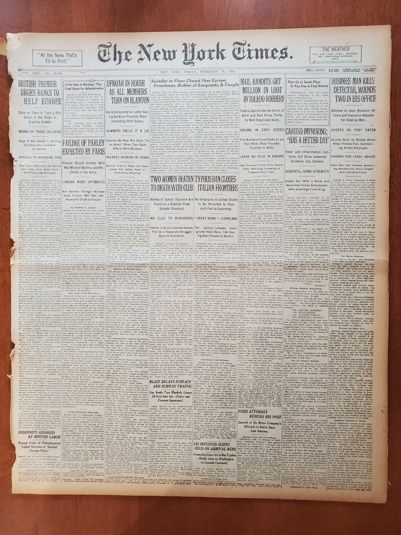 1921 FEBRUARY 18 NEW YORK TIMES - CARUSO IMPROVING; HAS A BETTER DAY - NT 8137