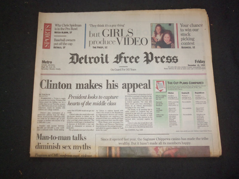 1994 DEC 16 DETROIT FREE PRESS NEWSPAPER - CLINTON MAKES HIS APPEAL - NP 7690