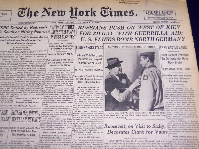1943 DECEMBER 14 NEW YORK TIMES - U. S. FLIERS BOMB NORTH GERMANY - NT 1017