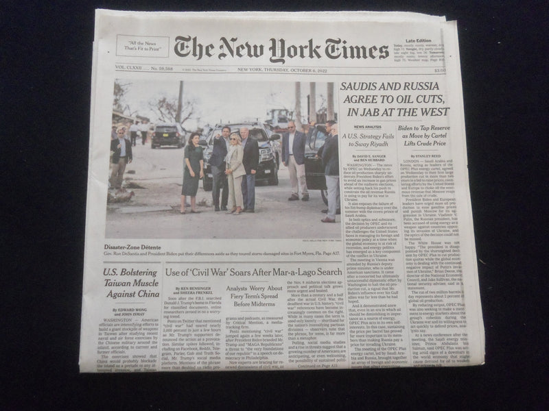 2022 OCT 6 NEW YORK TIMES - SAUIDS AND RUSSIA AGREE TO OIL CUTS, IN JAB AT WEST