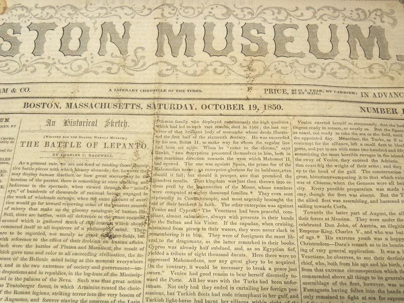 1850 OCTOBER 19 BOSTON MUSEUM NEWSPAPER - JENNY LIND - HOLMES - NP 9049