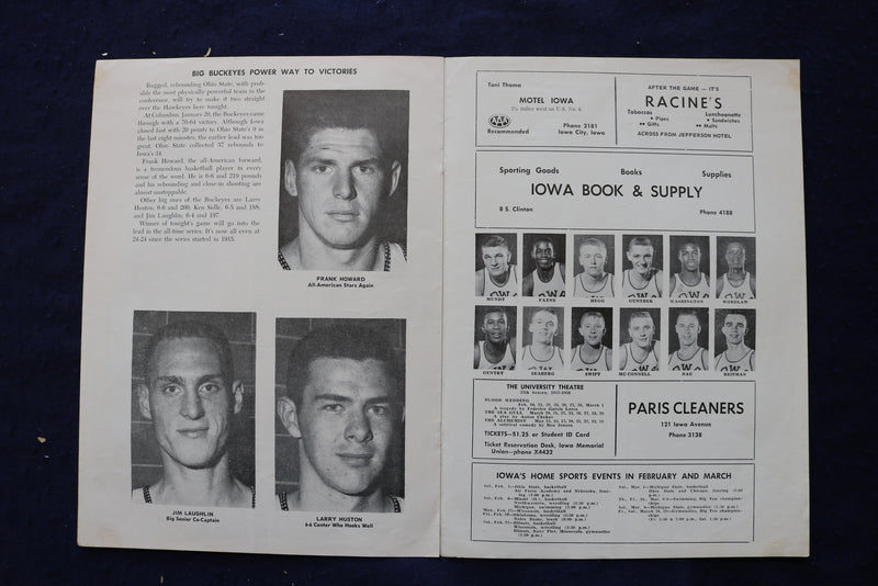 1958 FEBRUARY 1 OHIO STATE VS. IOWA BASKETBALL PROGRAM - FRANK HOWARD - K 1679