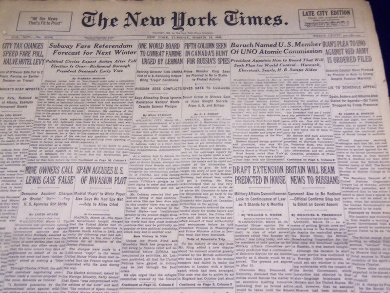 1946 MARCH 19 NEW YORK TIMES - BARUCH NAMED TO ATOMIC COMMISSION - NT 2253