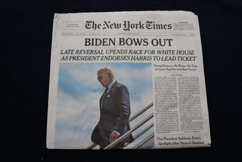 2024 JULY 22 NEW YORK TIMES - BIDEN BOWS OUT, ENDORSES HARRIS TO LEAD TICKET
