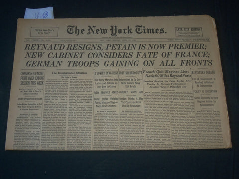 1940 JUNE 17 NEW YORK TIMES - REYNAUD RESIGNS PETAIN IS NOW PREMIER- NP 3612