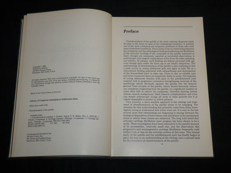 1983 CHONDROMALACIA OF THE PATELLA HARDCOVER BOOK BY PICKETT & RADIN - KD 7055