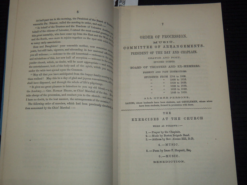 1855 LEICESTER ACADEMY FESTIVAL ADDRESS BY REV. ALONZO HILL - SHEPARD - K 3111