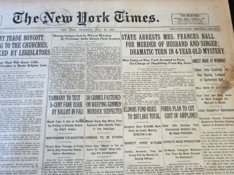 1926 JULY 29 NEW YORK TIMES - STATE ARRESTS FRANCES HALL FOR MURDER - NT 6596