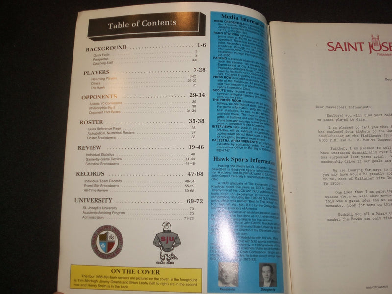 1988-1989 ST. JOSEPH'S UNIVERSITY BASKETBALL MEDIA GUIDE - ST 6352