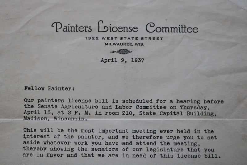 1937 APRIL 9 PAINTERS LICENSE COMMITTEE LETTER - MILWAUKEE, WISCONSIN - K 2493