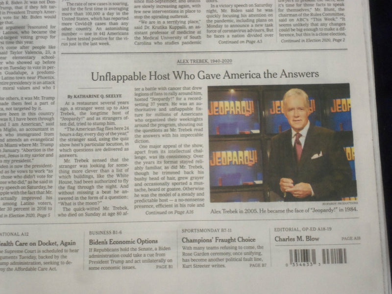 2020 NOV 9 N.Y. TIMES - BIDEN TURNS ATTENTION TO TRANSITION - ALEX TREBEK DIED