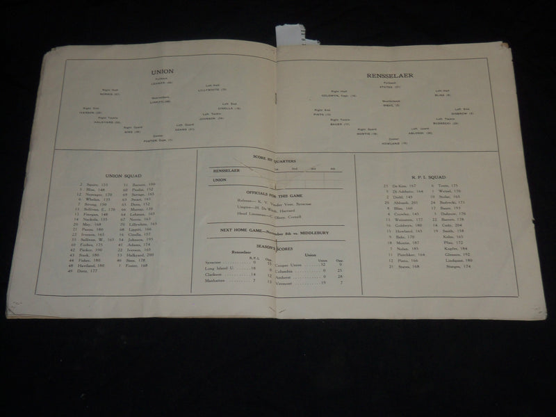 1930 OCTOBER 25 RENSSELAER VS. UNION FOOTBALL PROGRAM - NICE PHOTOS - J 5750