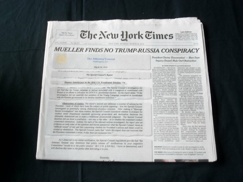 2019 MARCH 25 NEW YORK TIMES - MUELLER FINDS NO TRUMP-RUSSIA CONSPIRACY