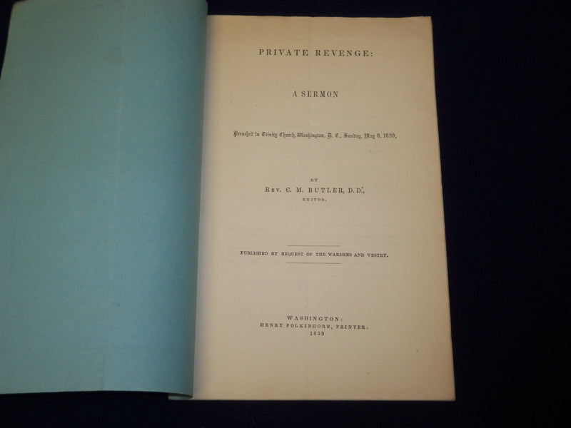1859 PRIVATE REVENGE A SERMON BOOK BY REV. C. M. BUTLER - TRINITY CHURCH- J 4557